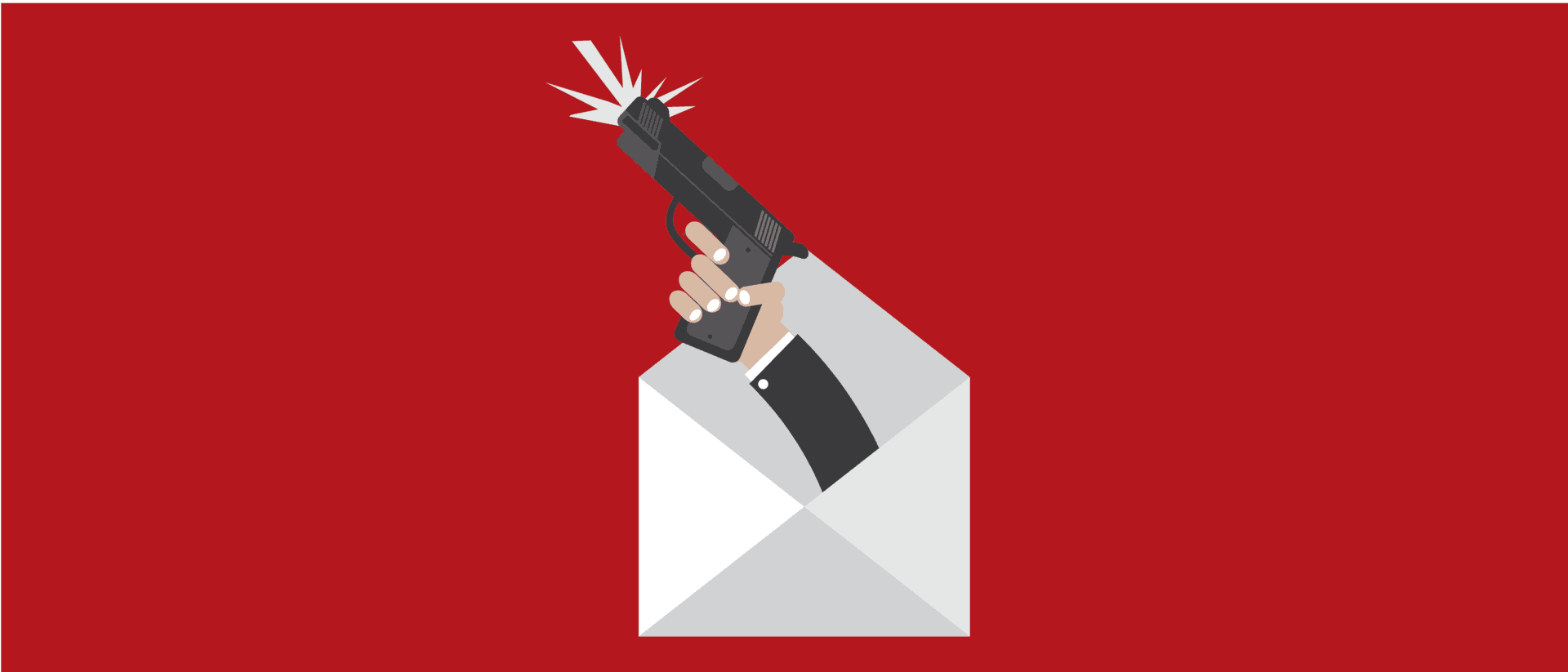 Hand holding gun emerging from envelope