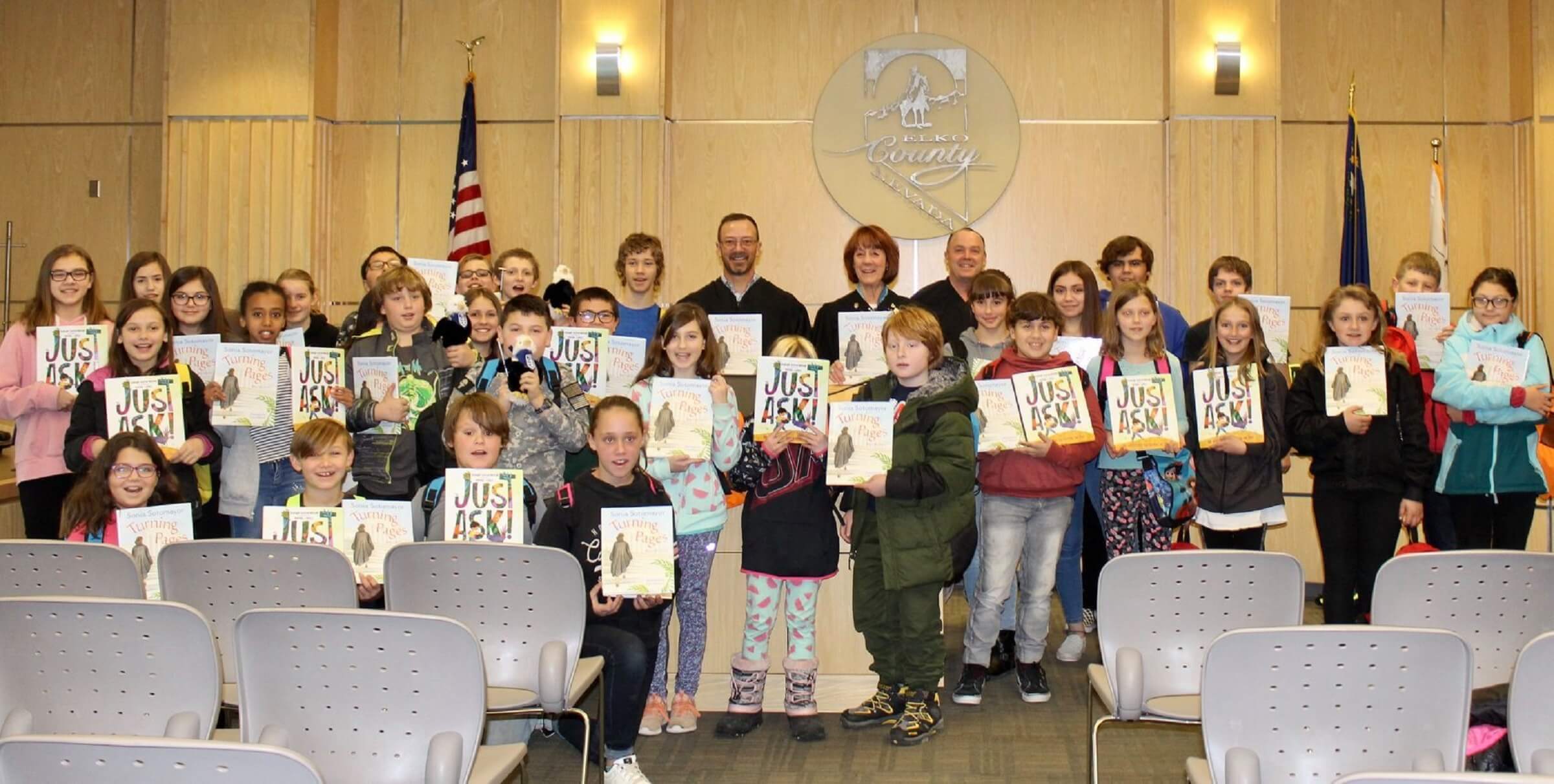 Elko Justice of the Peace Elias Goicoechea and Carlin Justice/Municipal Court Judge Teri Feasel with 35 students