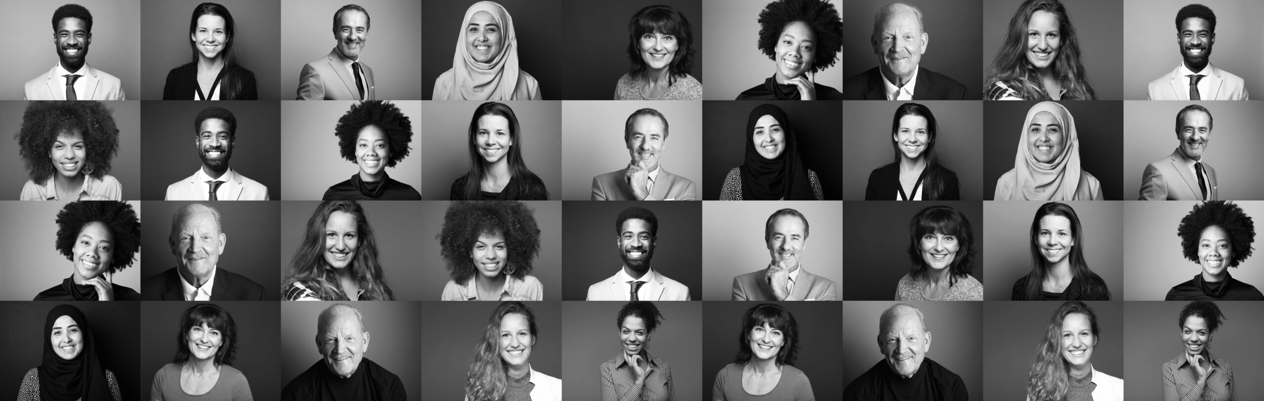Black and white photo collage of people of different genders and races
