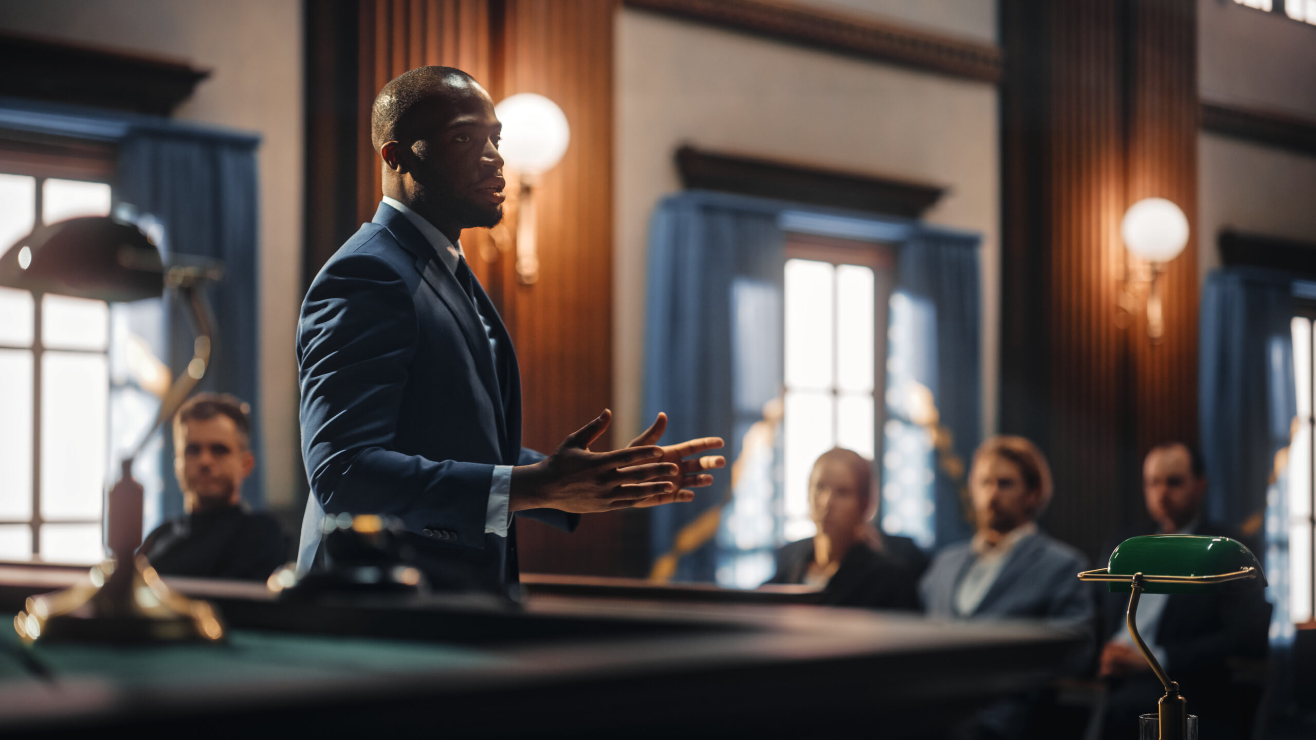 Court of Justice and Law Trial: Male Public Defender Presenting