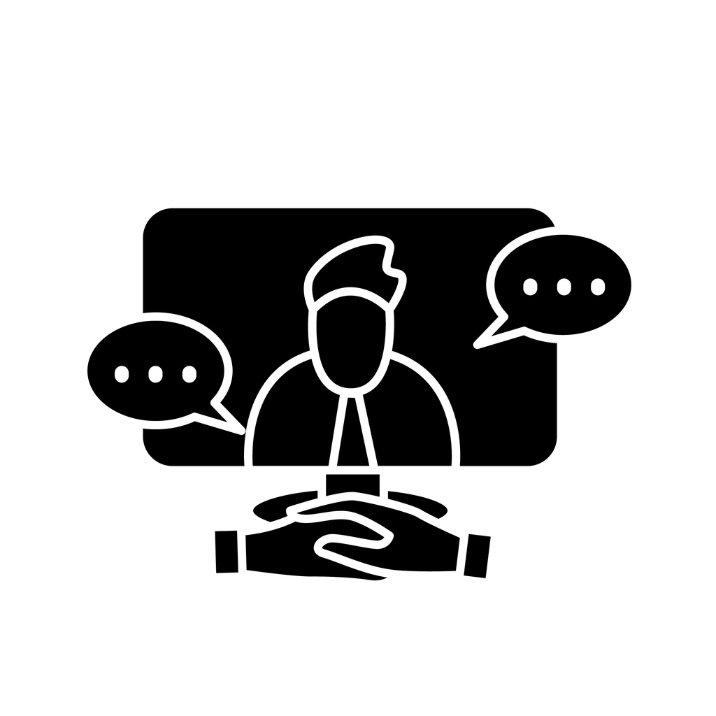 Online job interview glyph icon. Solhouette