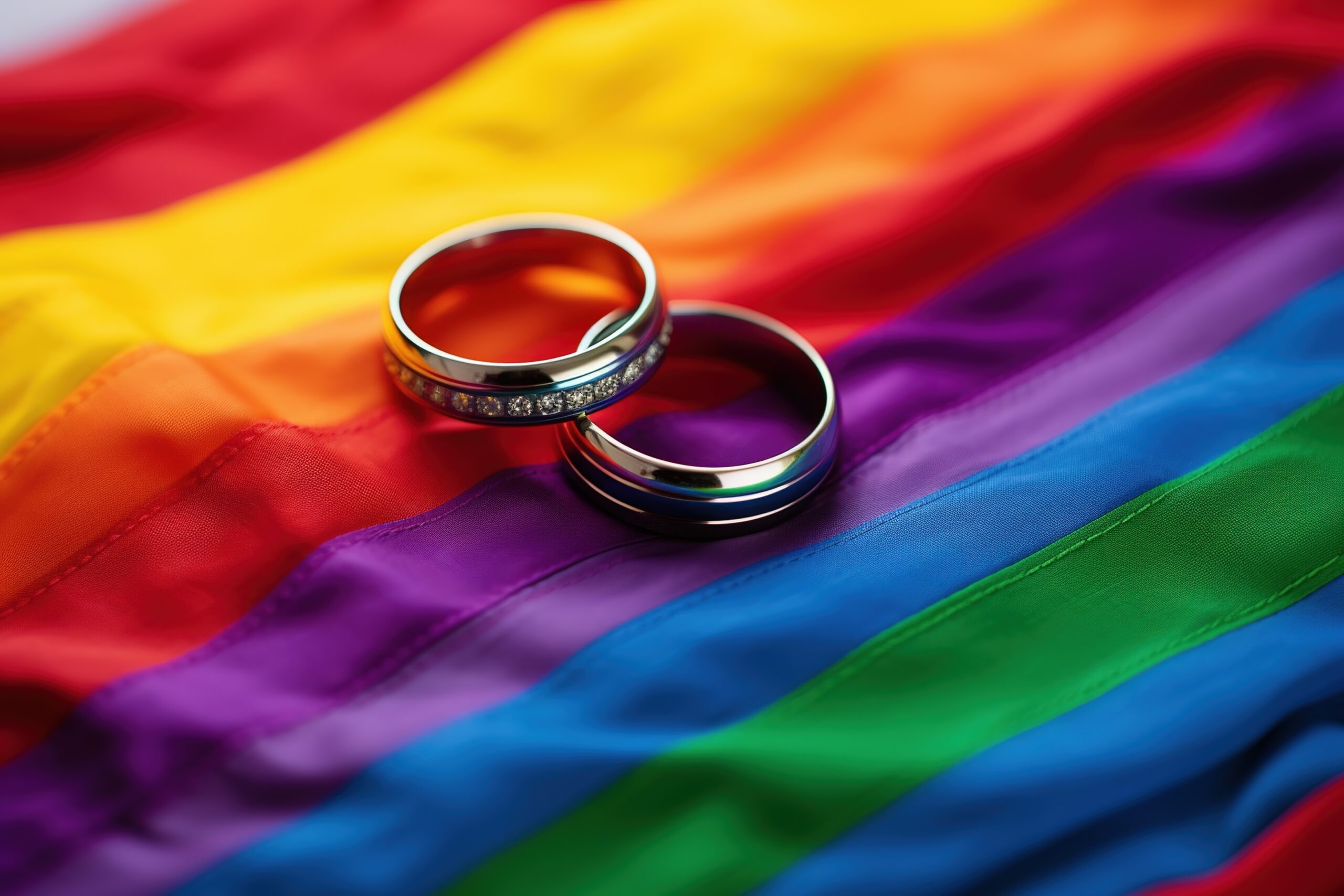 Two gold wedding rings on rainbow lgbt flag. Homosexual marriage generated