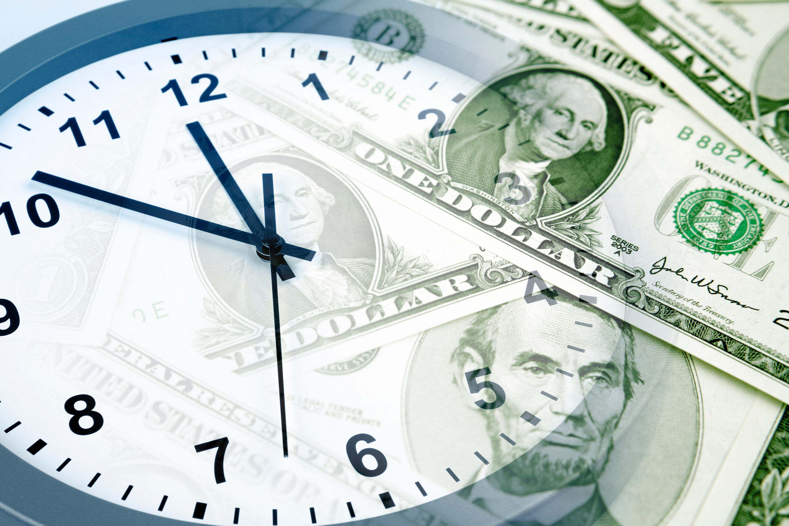 Clock and American cash. Time is money